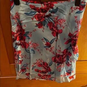 J. Crew Floral Pencil Skirt in Light Blue with Red and silver studs at hem.